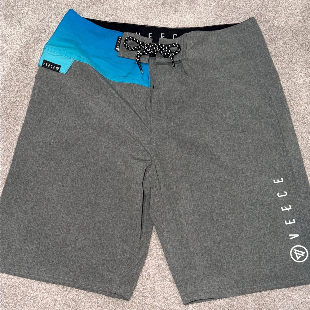 Veece Gray Swim Board Shorts with Teal Waist Panel